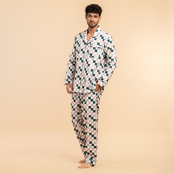 Fable Grid Cotton Notched Pyjama Set - Men
