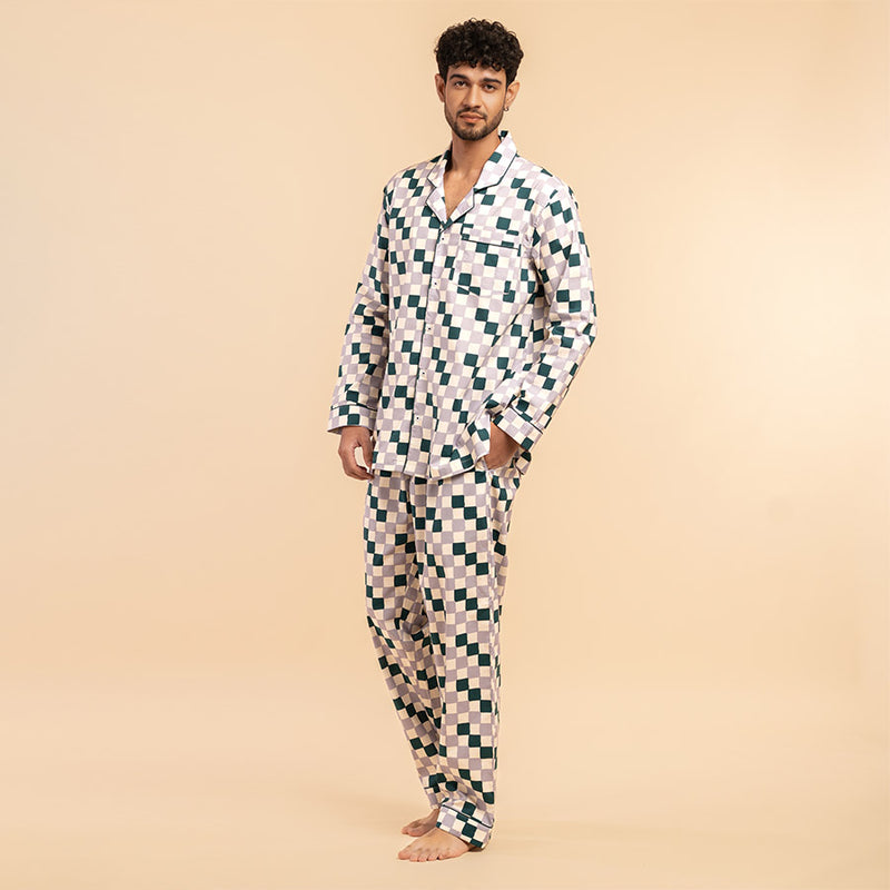Fable Grid Cotton Notched Pyjama Set-Men