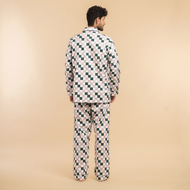 Fable Grid Cotton Notched Pyjama Set-Men