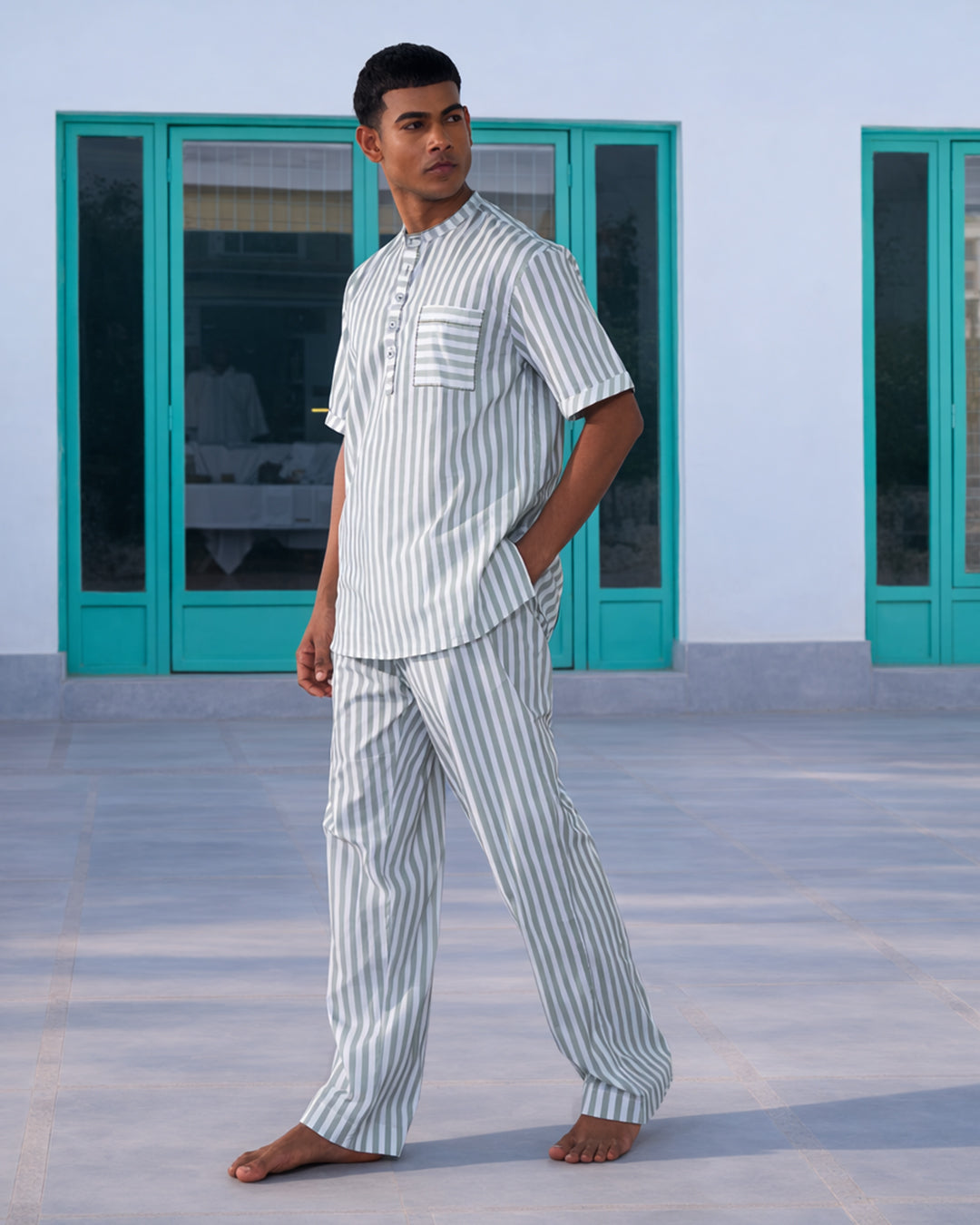 Garden Path Dual Stripe - Comfort Set<br>Men's Cotton Round Neck Pajama Set