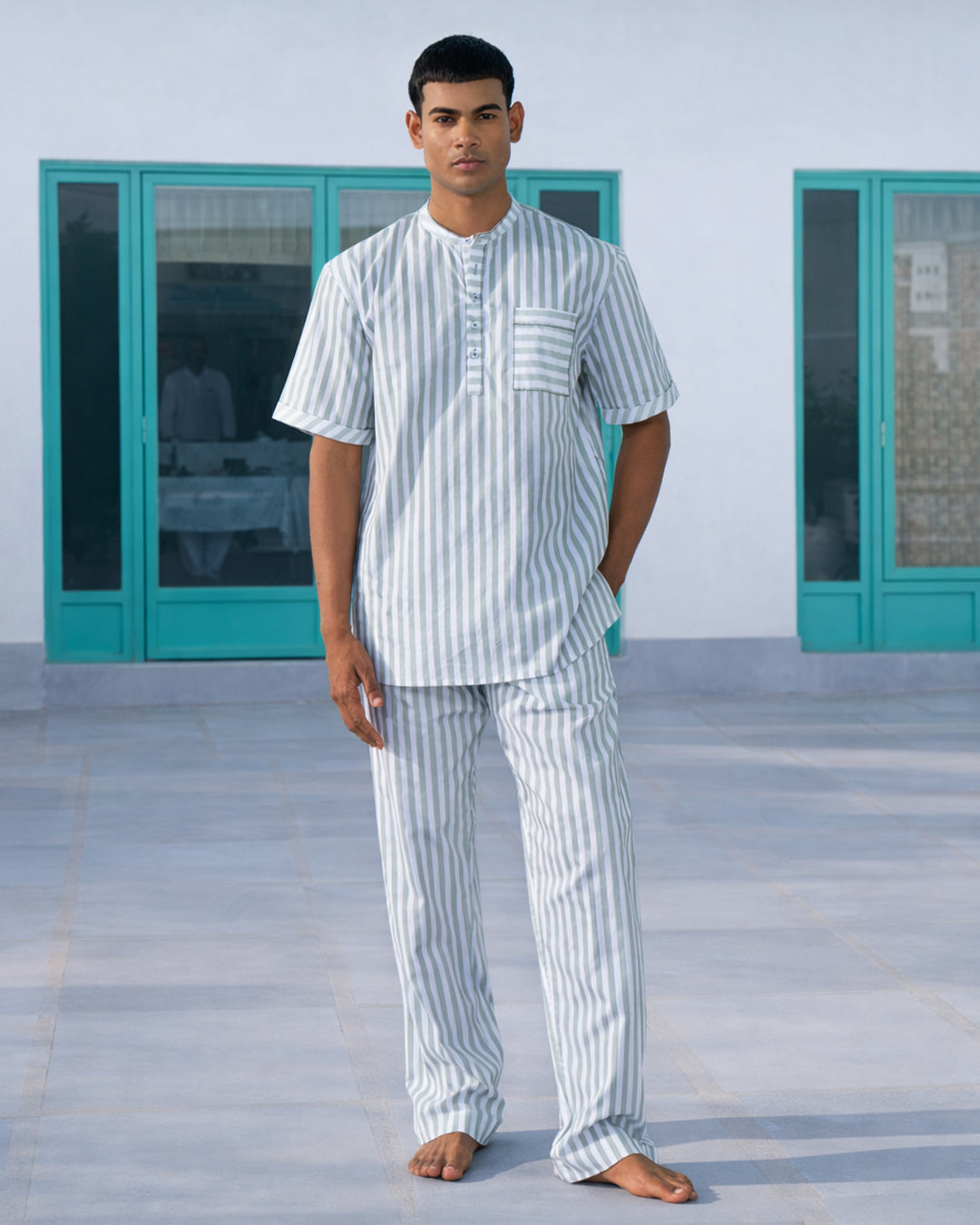 Garden Path Dual Stripe - Comfort Set<br>Men's Cotton Round Neck Pajama Set