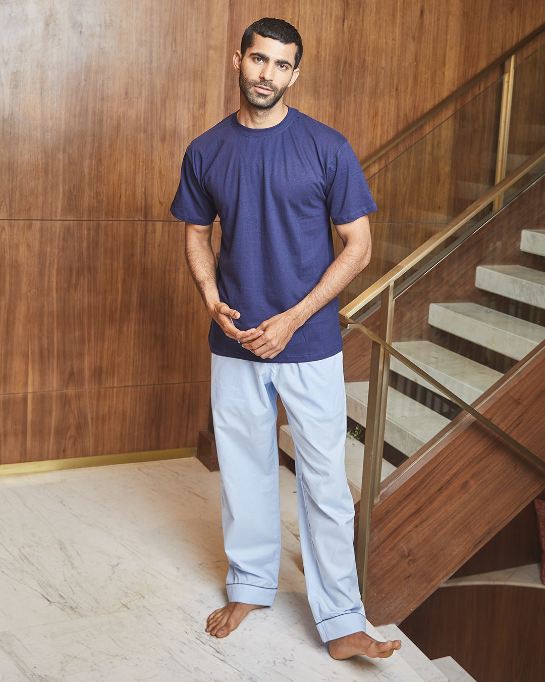 Light Blue - Drift Set <br> Men's Embroidered T-shirt & Cotton Pajama