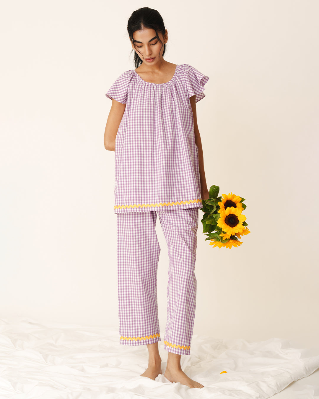 Soft Dusk - Breeze Set <br> Women’s Cotton Gingham Ruffled Pajama Set