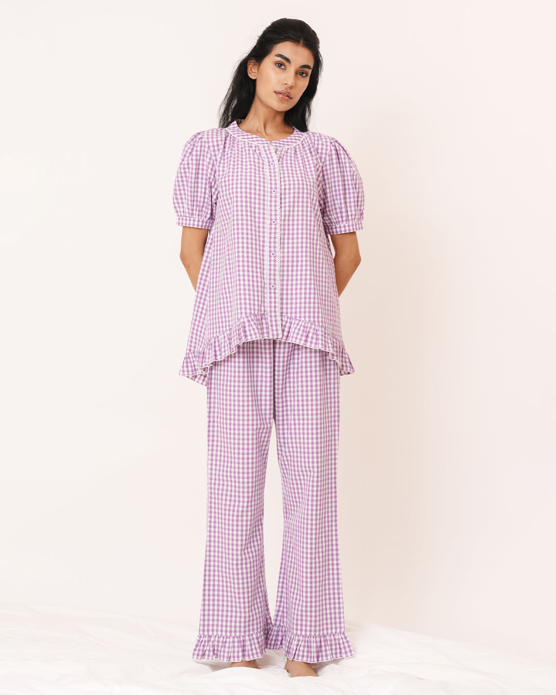 Daybreak - Bloom Set <br> Women’s Cotton Gingham Frill Pajama Set