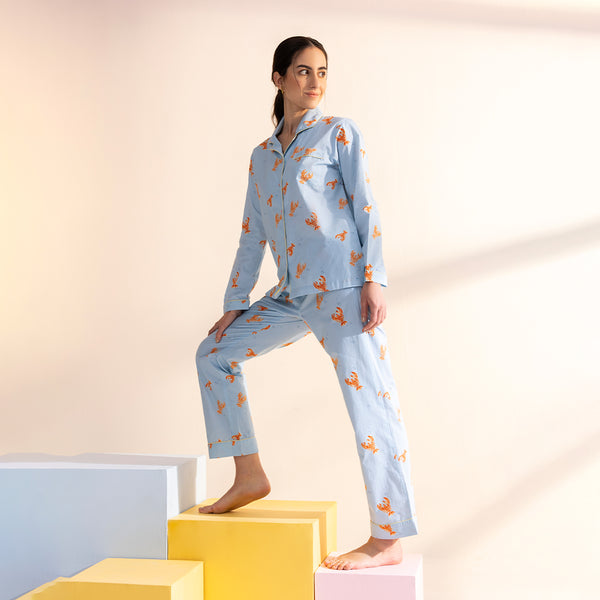 Lobster Cotton Notched Collar Pyjama Set