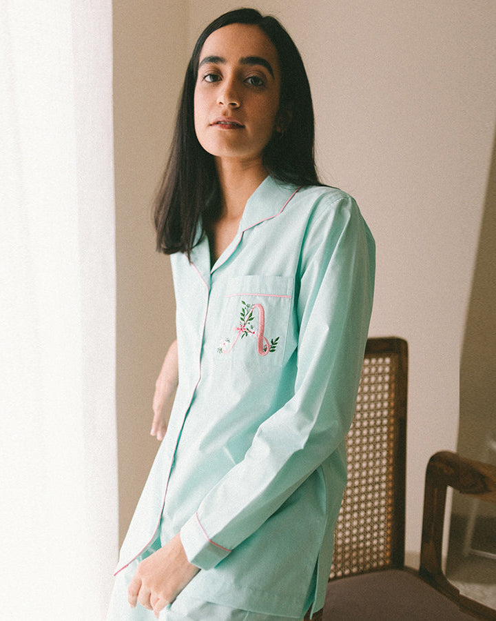 Calligraph - Everyday Set<br>Women’s Embroidered Cotton Notch Collar Pajama Set