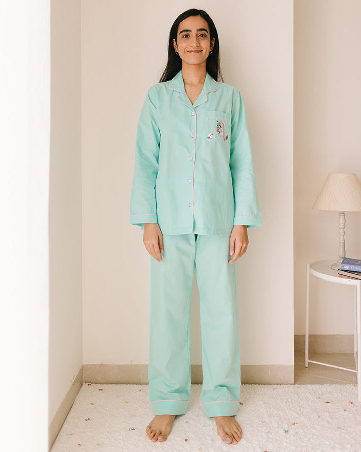 Calligraph - Everyday Set<br>Women’s Embroidered Cotton Notch Collar Pajama Set