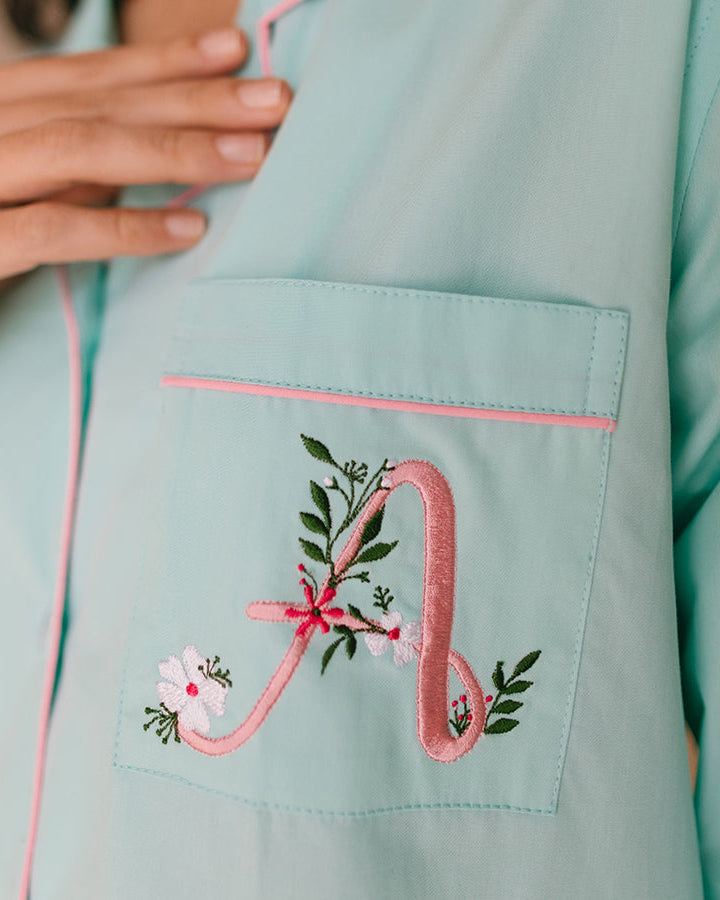 Calligraph - Everyday Set<br>Women’s Embroidered Cotton Notch Collar Pajama Set