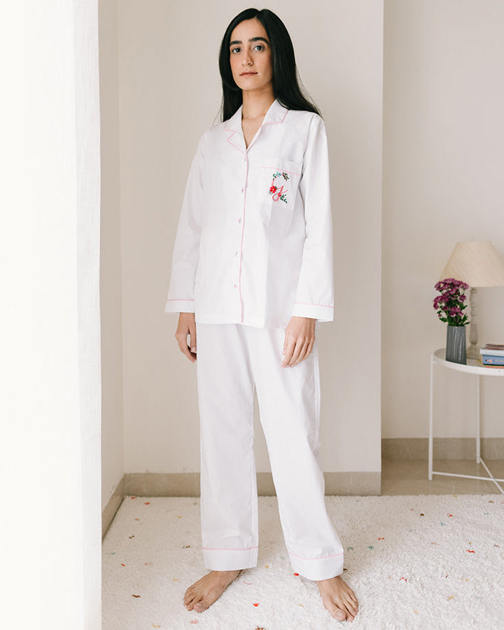 Embroidered Calligraph - Everyday Set <br> Women’s Cotton Notch Collar Pajama Set