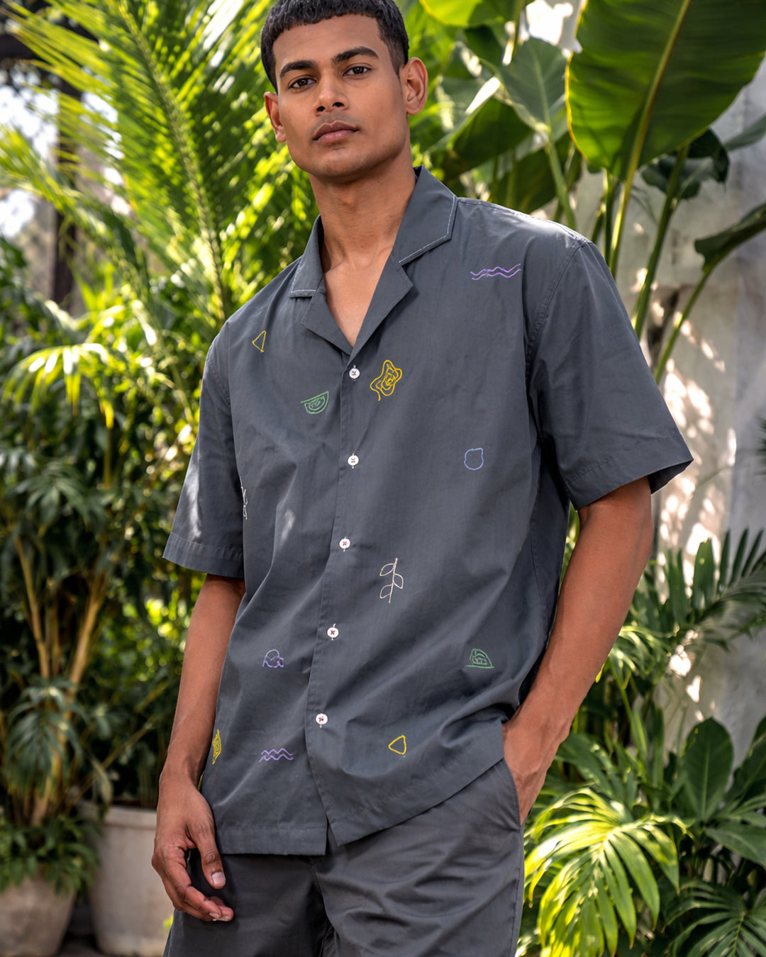 Slate - Everyday Easy Set<br>Men’s Embroidered Cotton Notch Co-ord Shorts Set