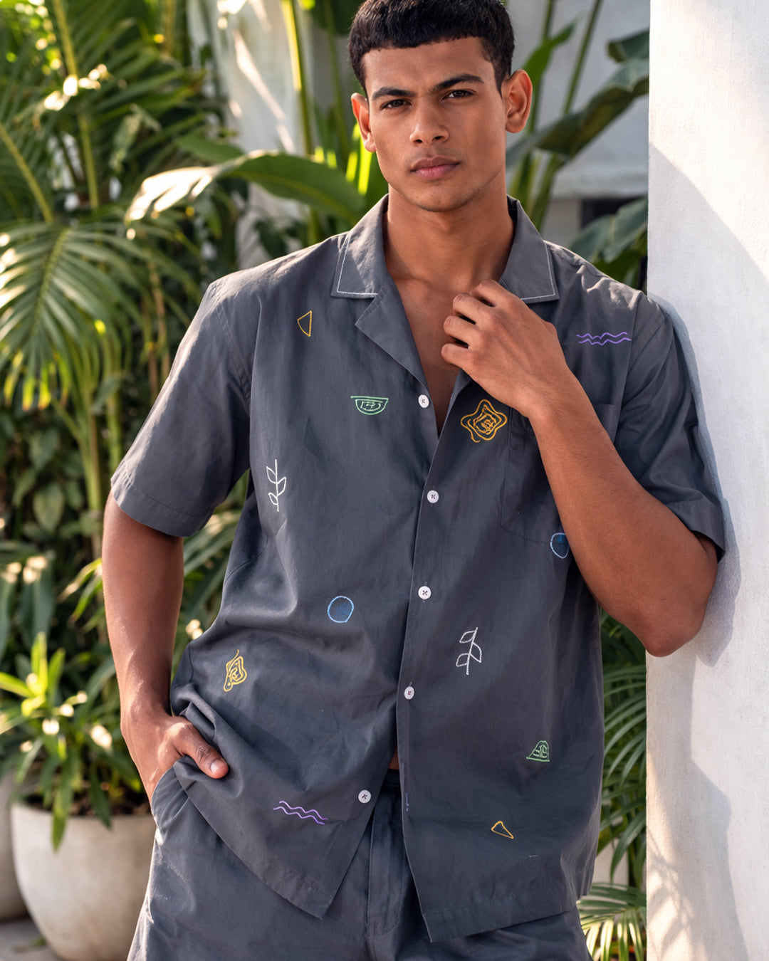 Slate - Everyday Easy Set<br>Men’s Embroidered Cotton Notch Co-ord Shorts Set