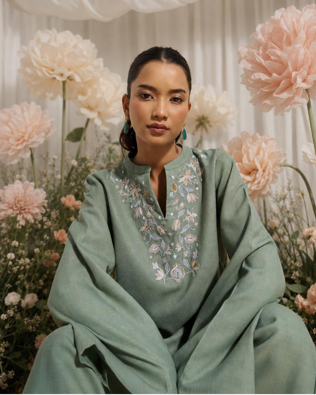 Soft Moss – Aura Set <br> Women's Embroidered Tunic Set with Izhar Pants