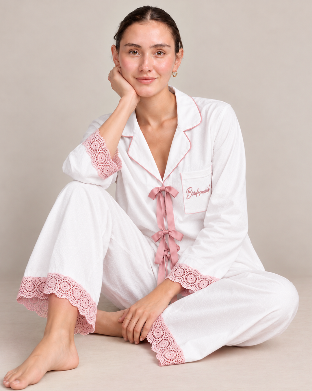Bride Tribe Soirée Set <br> Satin Bow-tie Bridesmaid Emboirdered Pajama Set