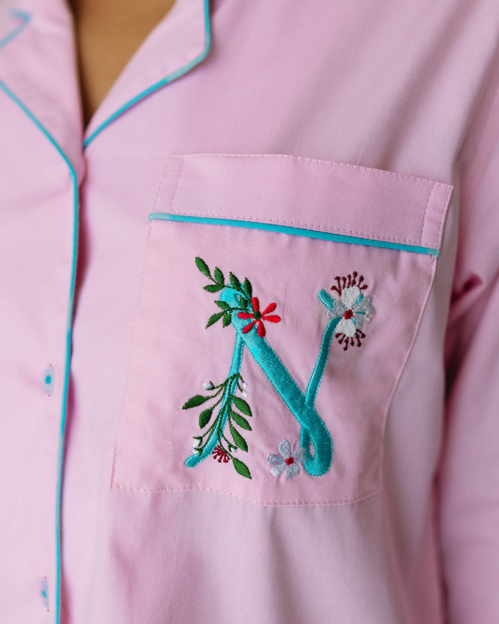 Calligraph - Everyday Set<br>Women’s Embroidered Cotton Notch Collar Pajama Set