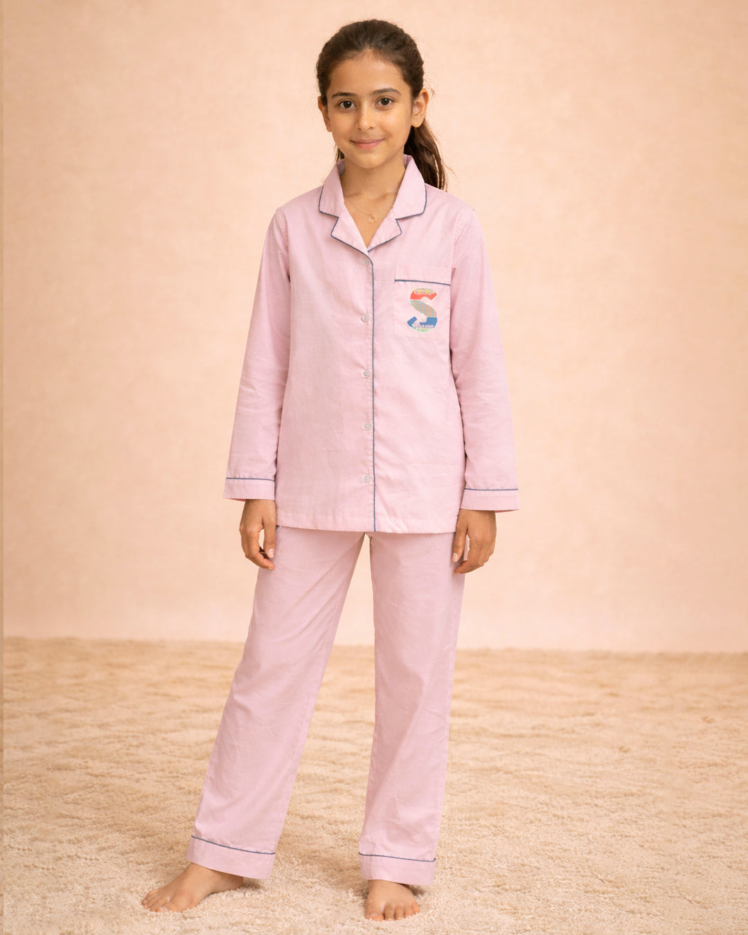 Rose Quartz Letterology - Everyday Set <br> Kids Embroidered Cotton Notched Pajama Set
