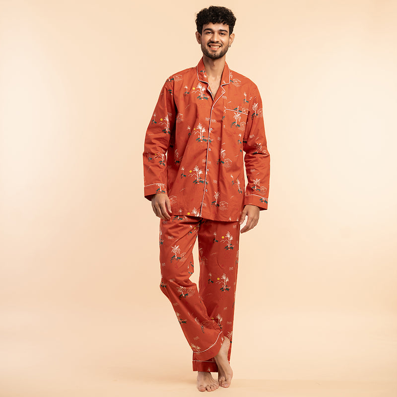 Rustic Shores Cotton Notched Pyjama Set-Men