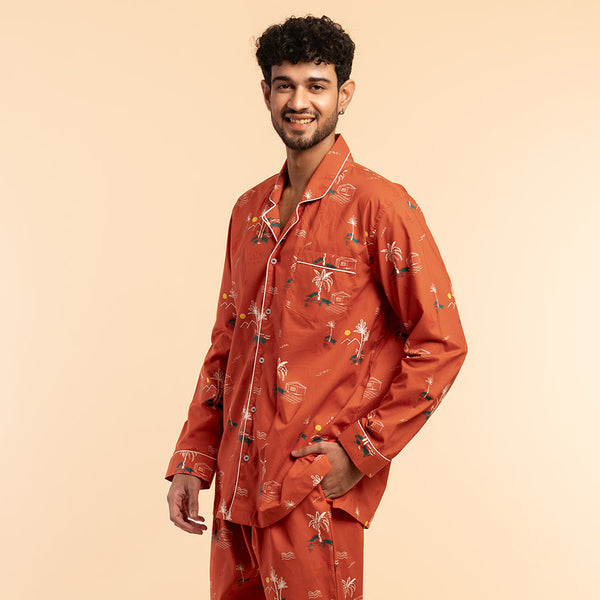 Rustic Shores Cotton Notched Pyjama Set-Men