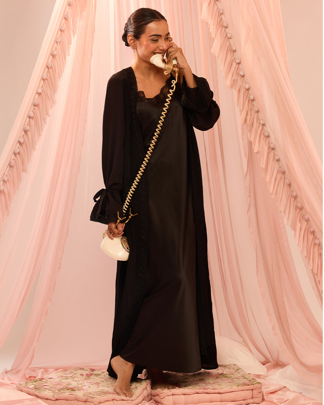 Ebony Crepe Satin Long Robe for Women | Dandelion India