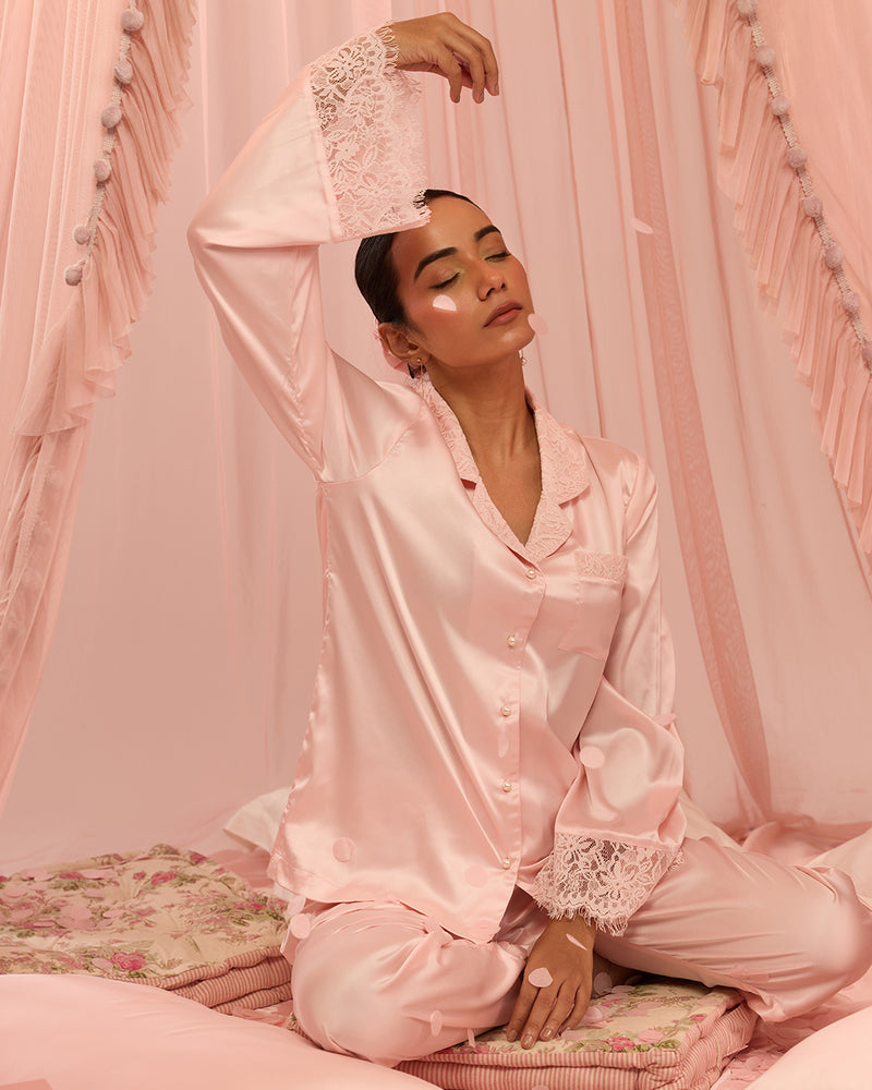 Rosé Satin Relaxed Notched Collar Pyjama Set