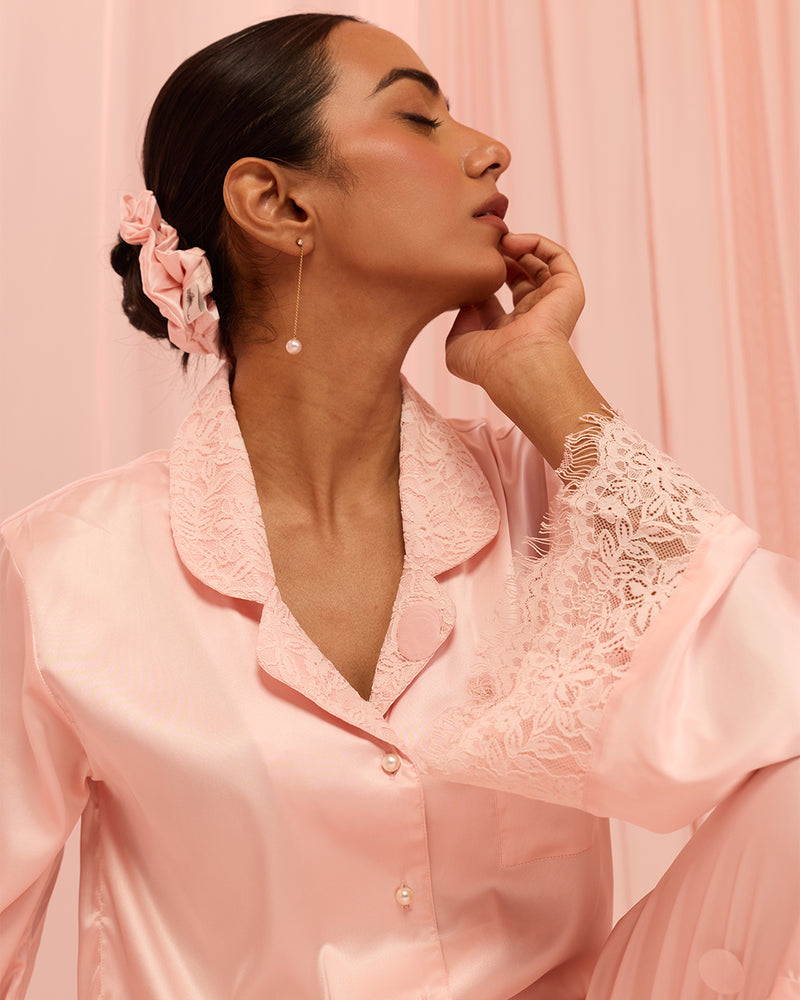 Rosé Satin Relaxed Notched Collar Pyjama Set