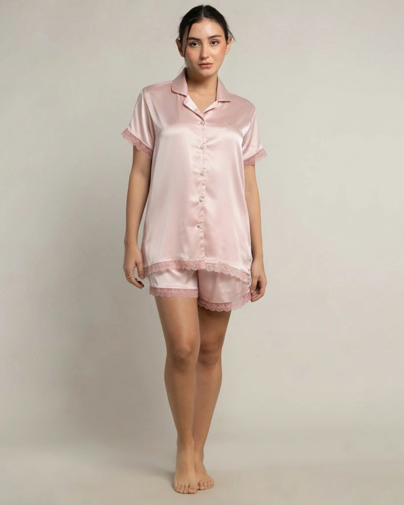 Rosé Satin Notched Shorts Set