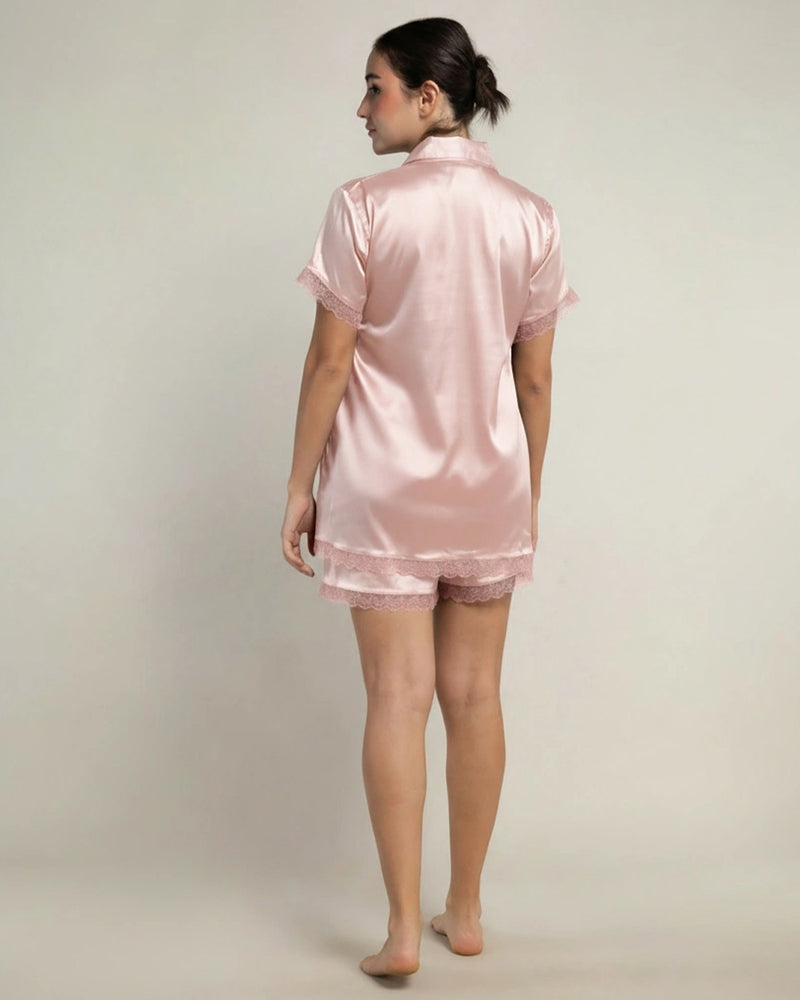 Rosé Satin Notched Shorts Set