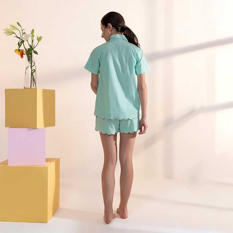 Jade Mist Cotton Scalloped Shorts Set