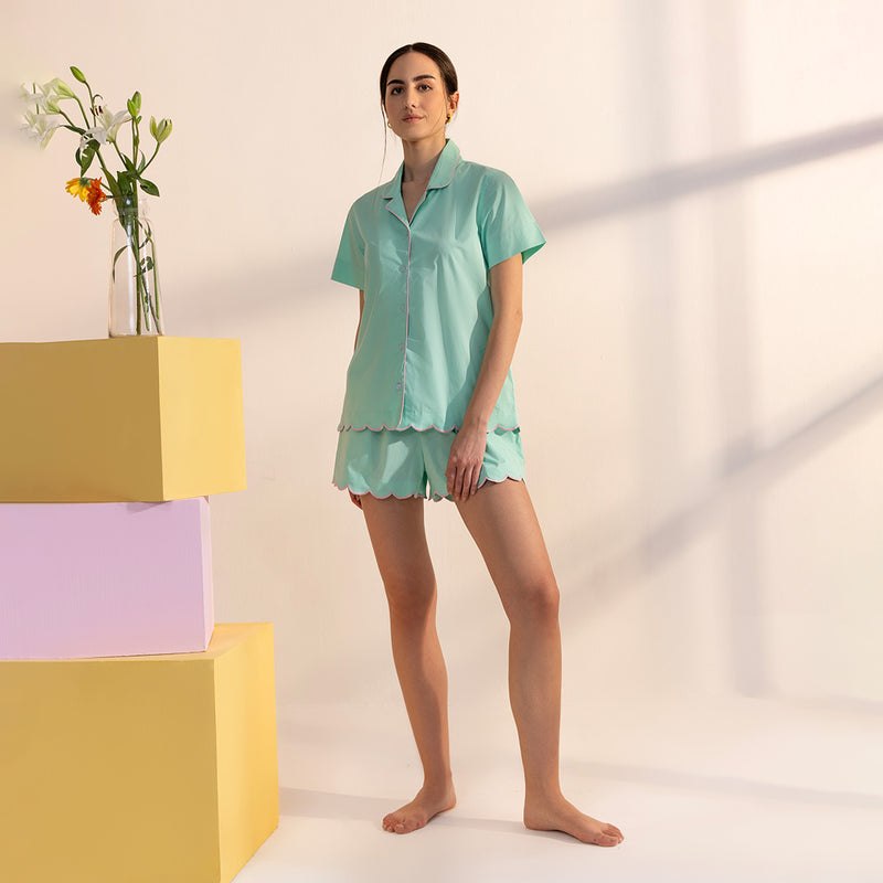 Jade Mist Cotton Scalloped Shorts Set