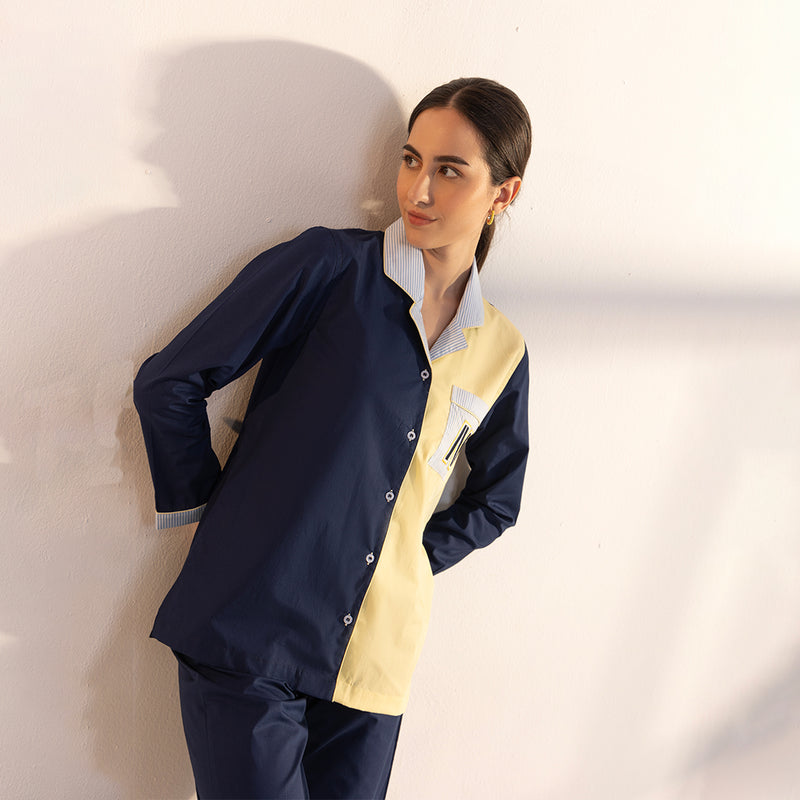 Indigo Sunset Embroidered Cotton Notched Collar Pyjama Set