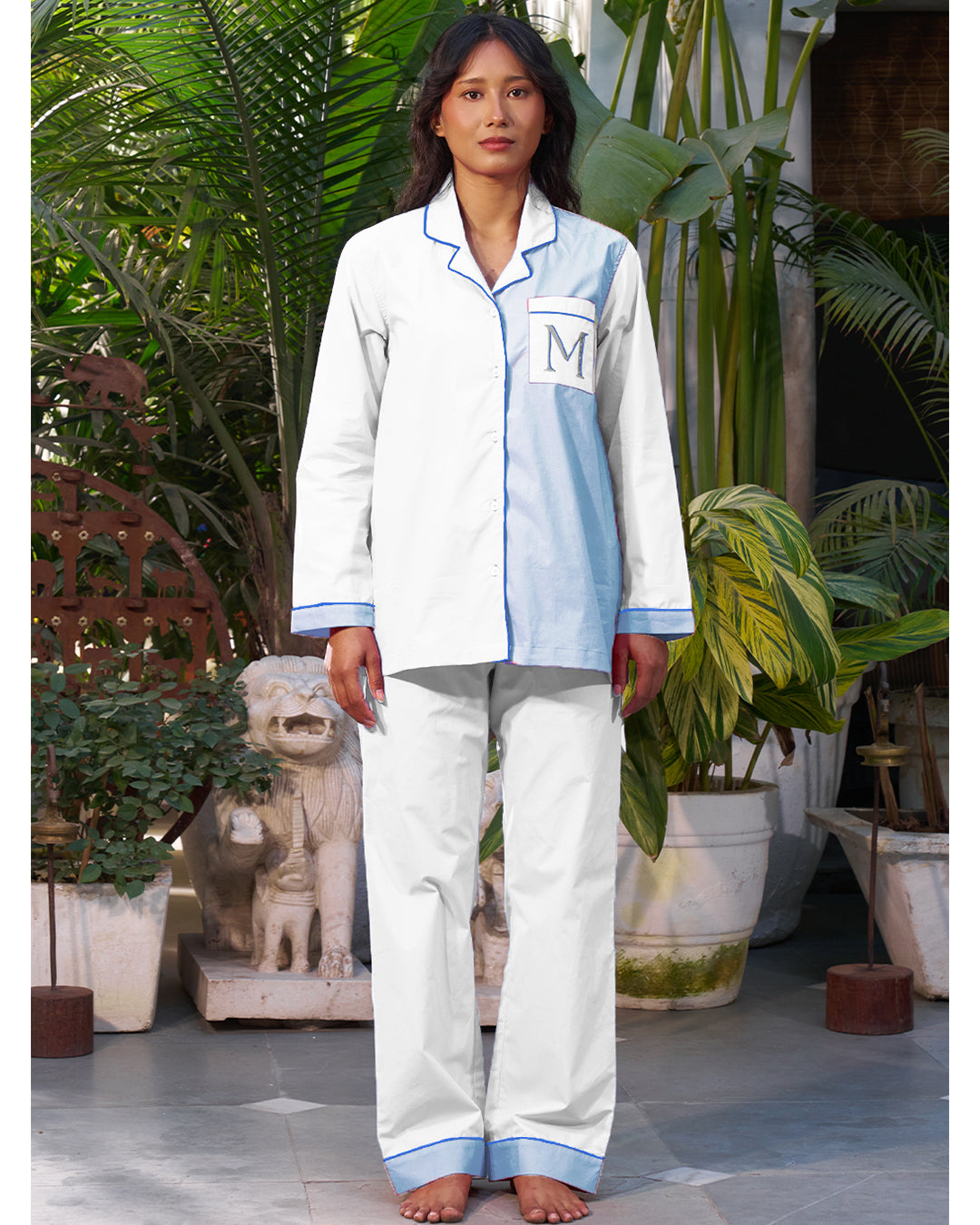 Sky Mist - Everyday Set <br> Women’s Embroidered Cotton Notch Collar Pajama Set