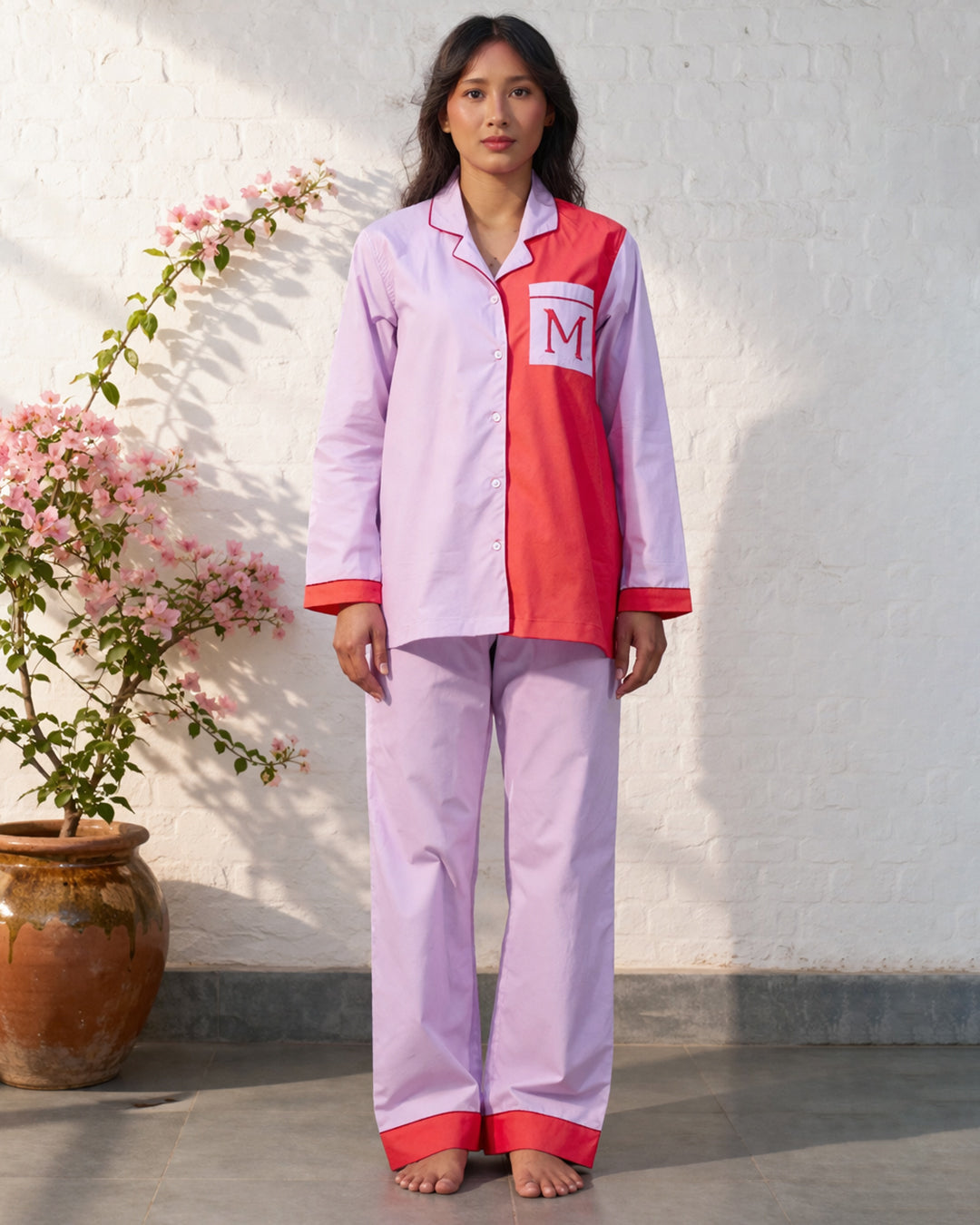 Sunset Coral - Everyday Set <br> Women’s Embroidered Cotton Notch Collar Pajama Set