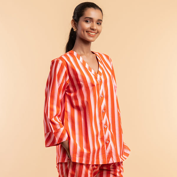 Tangerine Pop Cotton V-Neck Pyjama Set