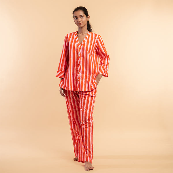 Tangerine Pop Cotton V-Neck Pyjama Set