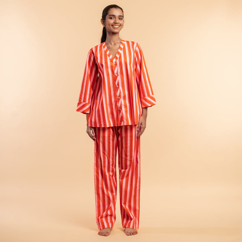 Tangerine Pop Cotton V-Neck Pyjama Set