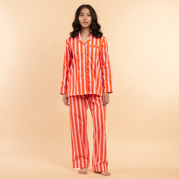 Tangerine Pop Cotton Notched Collar Pyjama Set