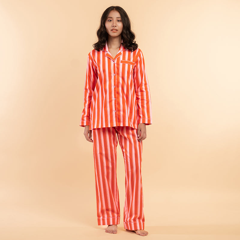 Tangerine Pop Cotton Notched Collar Pyjama Set