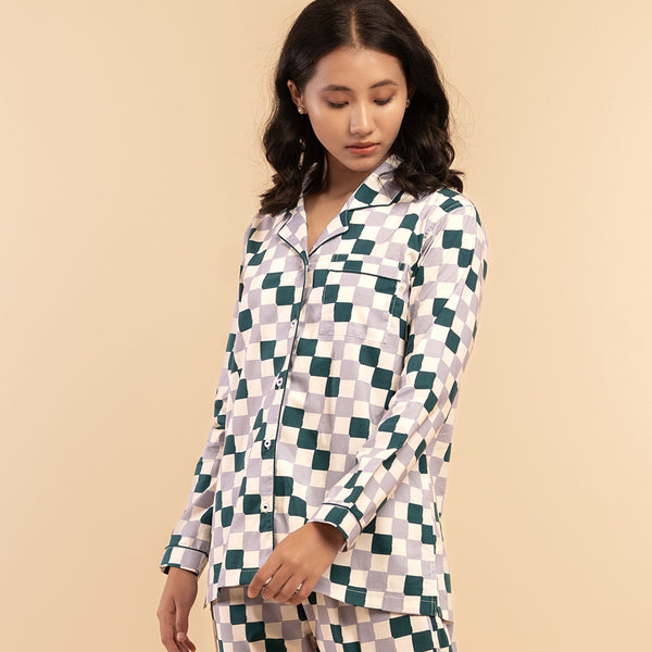 Fable Grid Cotton Notched Collar Pyjama Set