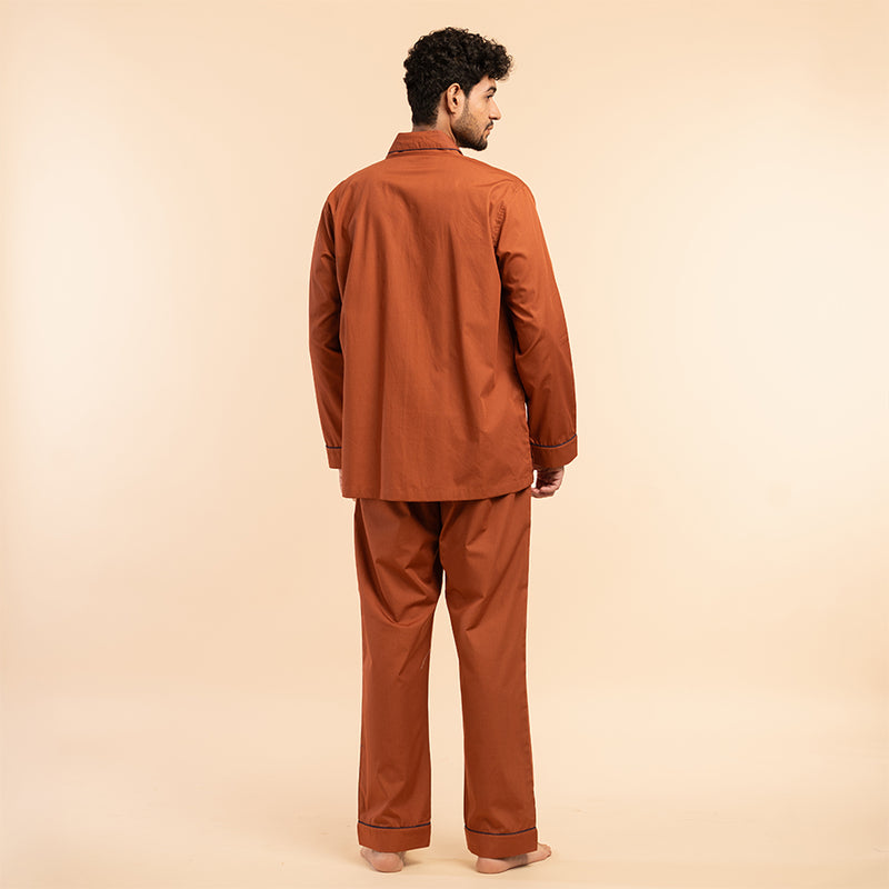 Canyon Clay Embroidered Cotton Notched Pyjama Set For Men's