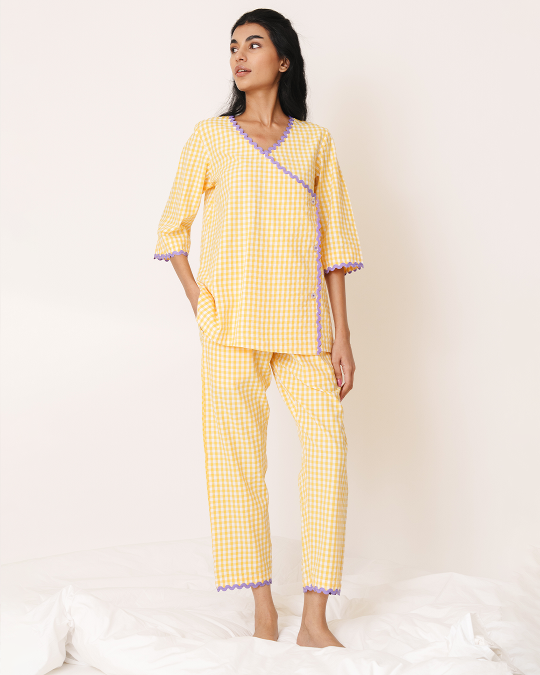 Amber - Charm Set <br> Women’s Cotton Gingham Wrap Pajama Set