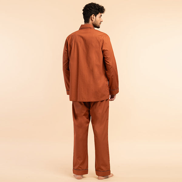 Canyon Clay Embroidered Notched Pyjama Set For Men