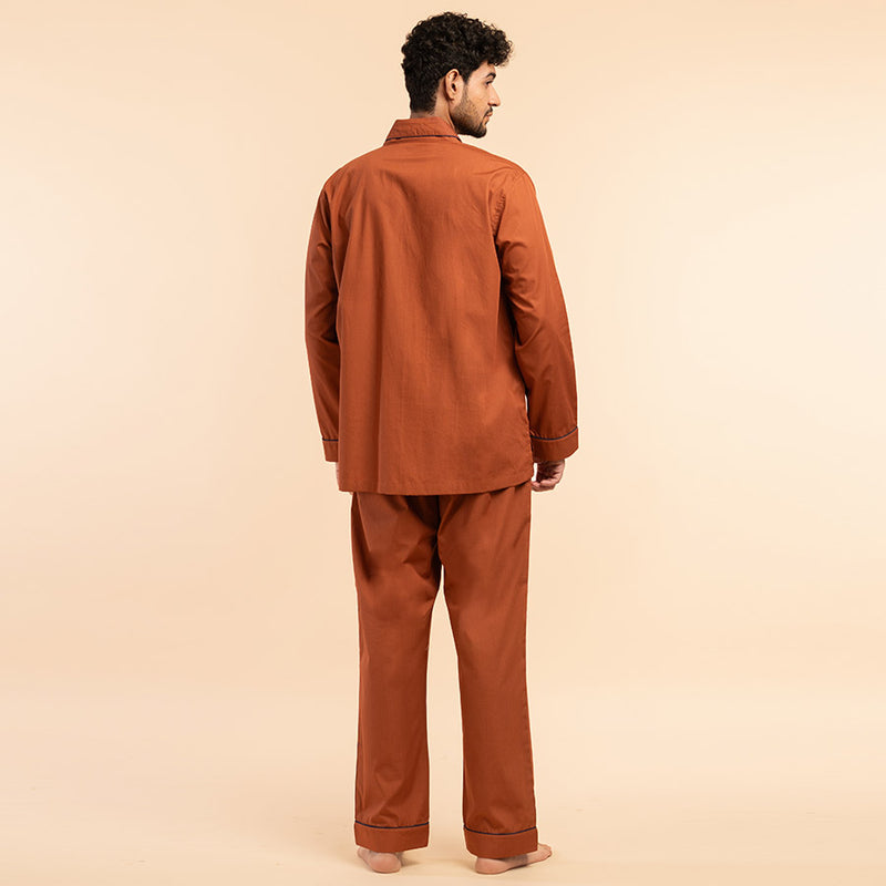 Canyon Clay Embroidered Cotton Notched Pyjama Set For Men's