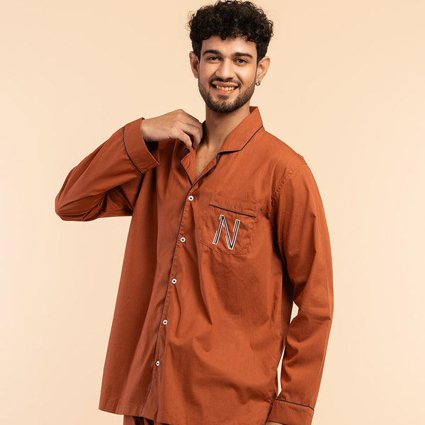 Canyon Clay Embroidered Cotton Notched Pyjama Set For Men's