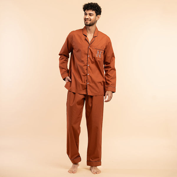 Canyon Clay Embroidered Cotton Notched Pyjama Set For Men's