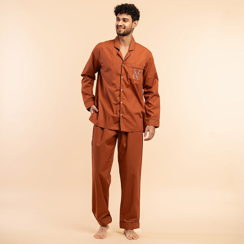 Canyon Clay Embroidered Cotton Notched Pyjama Set For Men's
