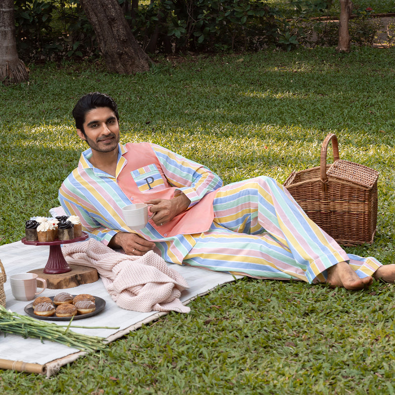 Pastel Paradox Cotton Notched Collar Pyjama Set - Men
