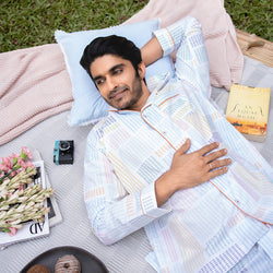 Spring Weave Cotton Notched Collar Pyjama Set - Men