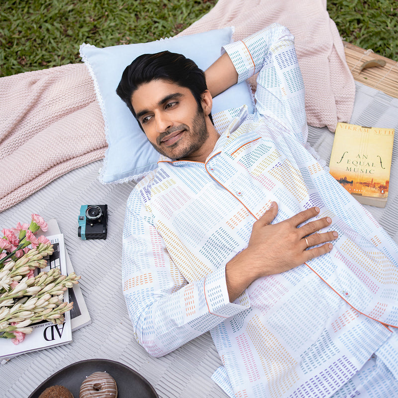 Spring Weave Cotton Notched Collar Pyjama Set - Men