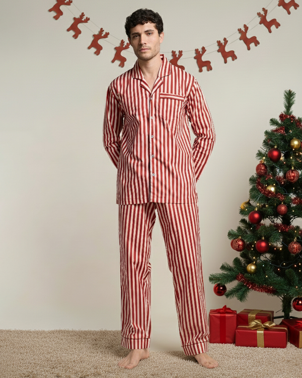 Cranberry Stripe Cotton Notched Pyjama Set - Men
