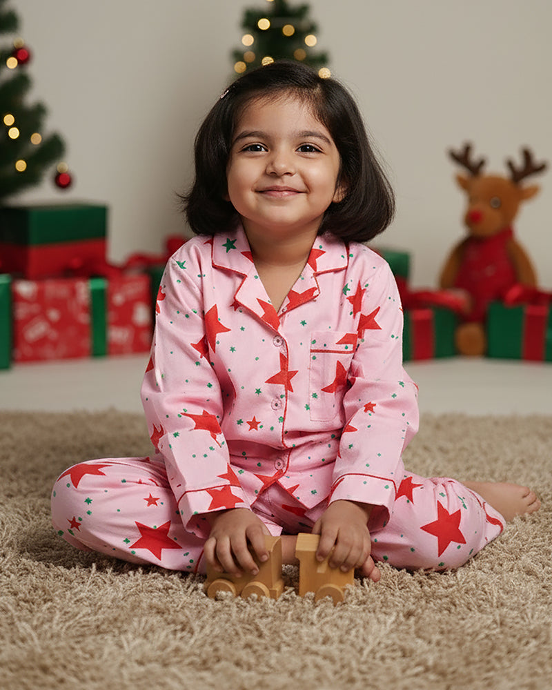 Pink Stardust Cotton Notched Pyjama Set - Kids