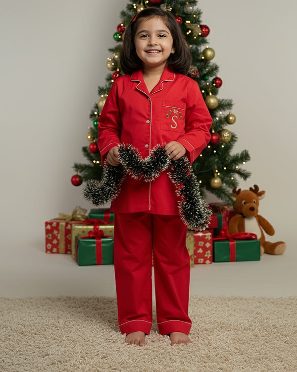 Red Velvet Personalised Cotton Notched Pyjama Set - Kids